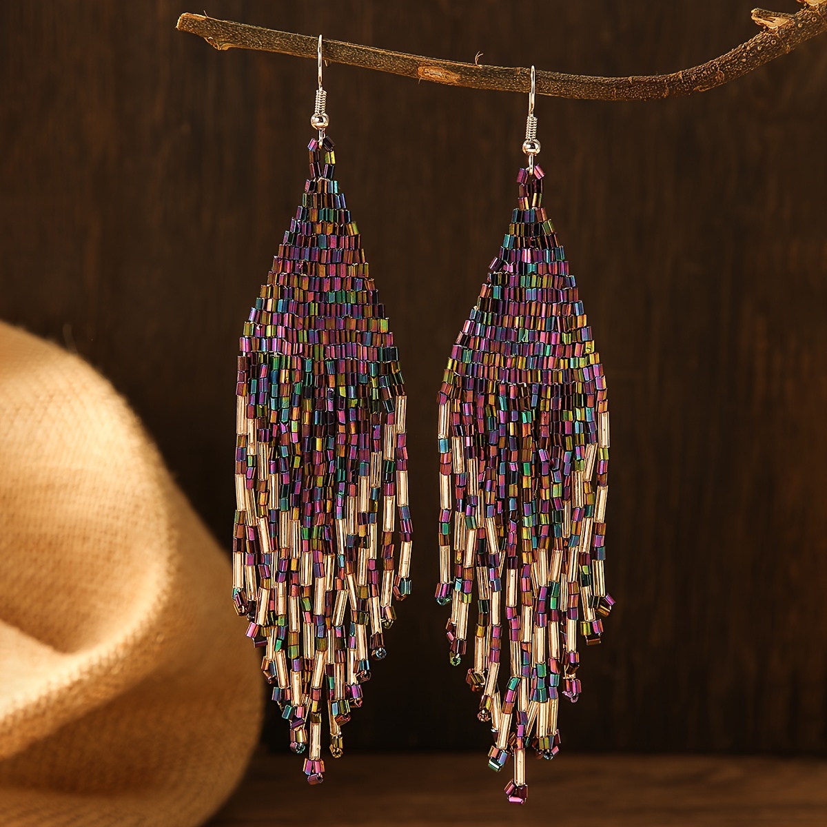 Women's Colorful Purple Tassel Beaded Earrings, Bohemian Style